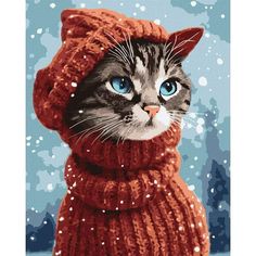 a cat with blue eyes wearing a red knitted hat and scarf