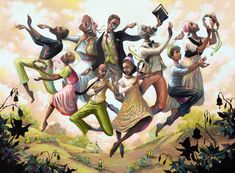 a painting of people jumping in the air with hats on their heads and hands up