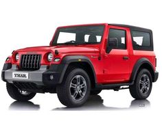 the red jeep is parked in front of a white background and there is no image on it