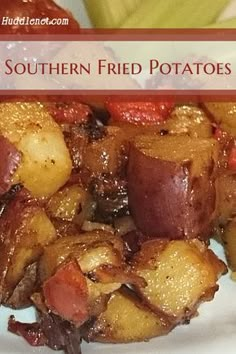 there is a white plate with potatoes and meat on it that says southern fried potatoes