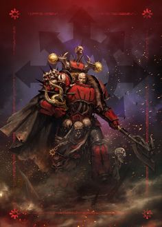 an image of a warhammer with skulls on his back and two swords in his hand