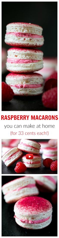 raspberry macarons are stacked on top of each other