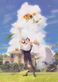 a man and woman are holding each other in front of a building with sunflowers