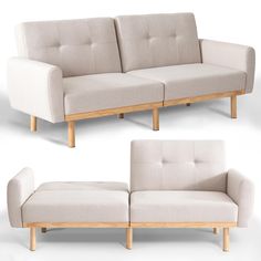 two different views of a couch and ottoman