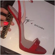 Beautiful Chain Heel With Ankle Strap. Synthetic Slip-on Heels With Red Sole, Luxury Red-sole Heels For Evening, Red Ankle-high Heels With Stacked Heel, Red Ankle-high Heels With Heel Strap, Orange Synthetic Heels With 4-inch Heel, Rita Ora, Giuseppe Zanotti, Red Gold, Ankle Strap