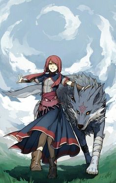 an anime character is standing next to a wolf