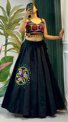 Latest Navratri Collection / New Lehenga Choli design Garba Chaniya Choli Black, Latest Navratri Collection 2024, Chaniya Designs Style, Chaniyacholi Blouse Designs Latest, Chaniyacholi Design, Croptop Lehenga Designs Latest, Unique Navratri Outfits, Outfit For Navratri, Garbage Dress