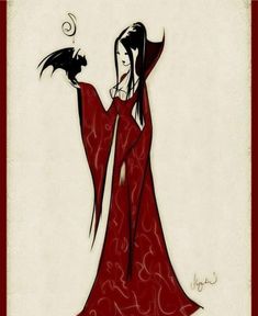 a drawing of a woman in a red dress with her arms outstretched, holding a black cat