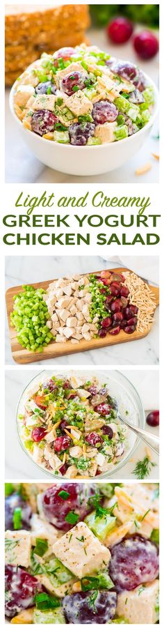 chicken salad with cranberries and broccoli in a white bowl