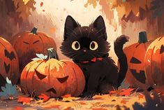 a black cat sitting next to pumpkins on the ground