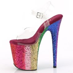 8" High Heel, 4" Platform Rainbow Glitter Shoes. Clear Adjustable Strap. Styles: Dance Pride Gay Lesbian Clubbing Stripper Dancer Malf-808rbg Black Heels With Bow, Multi Colored Heels, Pink Mules, Taupe Heels, Clear High Heels, Black Patent Pumps, Tie Up Heels, Black Pumps Heels, Kitten Heel Pumps