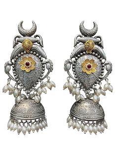 INOLAS Silver Replica Earrings with Floral Design, Pearls, 11.5 cm Length, Traditional Dangle Earrings for Women & Girls, Festival Collection, Ethnic Rich Design, Gifting on Birthday & Anniversary