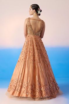 Peach gown featuring a sweetheart neckline with crystal and sequin embellishments, Fit: Relaxed Floor-length Peach Gown For Wedding, Peach Floor-length Gown For Wedding, Gown For Women, Aza Fashion, Sequin, For Women, Floral