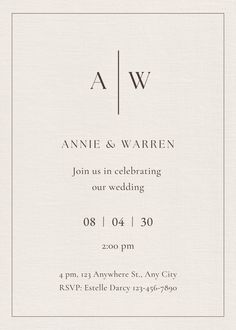 the wedding announcement card is shown in black and white, with an elegant monogrammed font