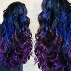 Blue Purple And Black Hair, Black Blue Purple Hair, Midnight Blue And Purple Hair, Black Blue And Purple Hair, Dark Blue And Purple Hair, Hogwarts Jewelry, Brunette Layers, Blue Balayage