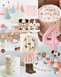 a collage of photos with cake, balloons, and other things to make it look like a child's first birthday