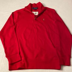 Polo Ralph Lauren Boys Cotton Interlock 1/4 Zip Pullover- Red- Size M- Nwt University Red Long Sleeve Tops For Winter, Casual Red Half-zip Top, University Red Long Sleeve Top, Ralph Lauren Quarter Zip, Polo Ralph Lauren Kids, Polo Ralph Lauren Sweater, Polo Long Sleeve, Boys Plaid, Ralph Lauren Kids