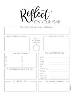 a printable book report with the words reflect on your year written in black and white