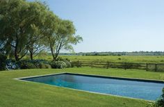 a pool in the middle of a lush green field