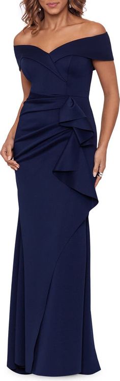 Xscape Evenings Ruffle Off the Shoulder Scuba Gown | Nordstrom Dressy Dresses Classy, Off Shoulder Gowns, Scuba Gown, Wedding Party Dress Guest, Mother Of The Groom Dress, Knit Gown, Mother Of The Bride Dresses Long, Special Event Dresses, Long Cocktail Dress