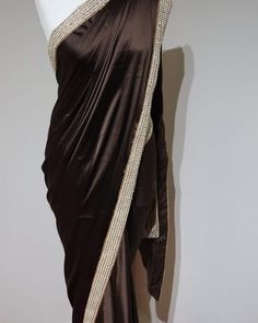 'Chocolate Brownie' Saree Soft Satin Silk Saree with Handmade Pearl Border and matching blouse material. Elegant Brown Dupatta Traditional Drape, Elegant Brown Traditional Dupatta, Festive Brown Blouse Piece, Elegant Brown Party Sets, Traditional Drape Blouse Piece With Pallu In Brown, Elegant Brown Saree, Festive Brown Saree Blouse Piece, Festive Unstitched Brown Blouse Piece, Festive Brown Unstitched Blouse Piece