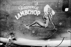 an old airplane with a pin up girl painted on it's side and the words heavenly lamb chop