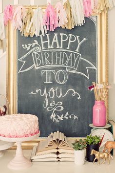 a chalkboard with the words happy birthday to you written on it next to other items