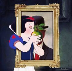 a painting of snow white holding an apple in front of a man's face