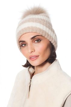 Linda Richards Knit Stripe Pom-pom Hat HA-81 | Taupe Best Of Both Worlds, Cute Designs, Cold Weather