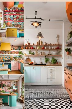 the kitchen is decorated in pastel colors and has lots of shelves with plants on them