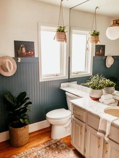 a bathroom with blue walls and wooden floors, plants on the window sill above the toilet