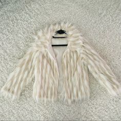 New! Adorable Beige And White Long Faux Fur Coat. This Style Features Large 60’s Style Collar And Hook Closure. Trendy White Outerwear With Faux Fur Lining, White Faux Fur Coat For Spring, White Faux Fur Outerwear For Spring, Shaggy Faux Fur Coat, 60’s Style, Long Faux Fur Coat, Blazer And Skirt Set, Black And White Jacket, Fall Denim