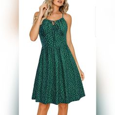 The Casual Swing Dress Is Made Of High Quality Material Which Is Very Soft, Skin-Friendly And Comfortable For Spring, Summer, And Fall Show Off Your Lovable Style In This Must Dress Featuring Polka Dot Detailing Throughout, Sweetheart Neck Line, Empire Waist Line, Ties With Ruching At Front And Adjustable Straps Cute Sleeveless Dress For Women Is Suitable For Any Occasion Such As Women Casual, Beach Vacation, Party, Cocktail, Banquet, Dinner Date, Holiday, Wedding Party, Honeymoon Casual Green Midi Dress With Adjustable Straps, Green Casual Dress With Adjustable Straps, Green Casual Mini Dress With Tie Straps, Casual Green Mini Dress With Tie Straps, Casual Green Sundress With Spaghetti Straps, Green Casual Midi Dress With Spaghetti Straps, Casual Green Midi Dress With Spaghetti Straps, Casual Green Mini Dress With Adjustable Straps, Casual Knee-length Sundress With Tie Straps