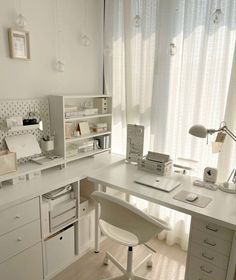 a white desk and chair in a room