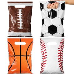 three bags with different types of sports balls in them, one is white and the other is brown