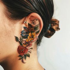 Ear Tattoos Tattoo Master Files Ear Tattoo Design, Behind The Ear Tattoos, Back Of Thigh Tattoo, Polynesian Tattoos Women, Artsy Tattoos, Bright Tattoos, Ear Tattoos, Skin Paint, Flower Tattoo Back