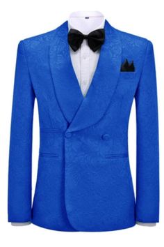 a blue suit with a black bow tie