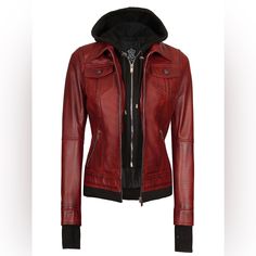 Tralee Maroon Womens Leather Bomber Jacket With Hood G93-15 Brand New With Tag Fitted Hooded Biker Outerwear, Fitted Biker Outerwear With Hood, Fitted Leather Hooded Jacket With Long Sleeves, Fitted Hooded Biker Jacket With Pockets, Fitted Biker Jacket With Double-lined Hood For Fall, Fitted Hooded Jacket With Zipper For Fall, Fall Biker Outerwear With Double-lined Hood, Fall Biker Style Outerwear With Double-lined Hood, Biker Style Outerwear With Double-lined Hood For Fall