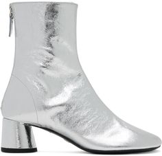 Ankle-high crinkled patent lambskin boots in silver tone. · Zip closure at heel collar · Logo printed at buffed leather footbed · Covered block heel with rubber injection · Calfskin sole · Heel: H2 Supplier color: Silver Glove Boots, Silver Gloves, Heel Boots For Women, Logo Shoes, Round Toe Shoes, Block Heel Boots, Silver Heels, Silver Shoes, Footwear Design Women