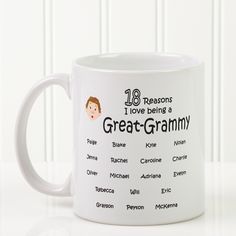 a white coffee mug with the words great - granny on it and an image of a woman's face