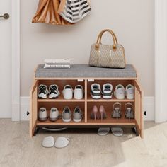 a shoe rack with shoes and purses on it