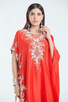 Red kaftan with contrasting floral, dori, cutdana and pearl embroidery. Comes with solid draped skirt. - Aza Fashions Elegant Red Kaftan With Zari Work, Elegant Red Kaftan For Diwali, Elegant Red Kaftan With Traditional Drape, Red Kaftan For Wedding And Navratri, Red Silk Kaftan For Wedding, Elegant Embellished Red Kaftan, Designer Red Embroidered Kaftan, Designer Embroidered Red Kaftan, Red Embroidered Silk Kaftan