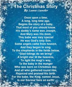 the christmas story poem with snowflakes and stars on blue background, in an old fashioned