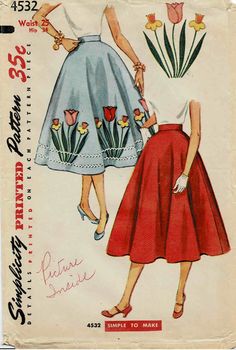 a woman's skirt and top with flowers on the bottom, from an old sewing pattern