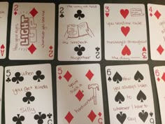 playing cards with handwritten instructions for each card in order to learn how to play the game