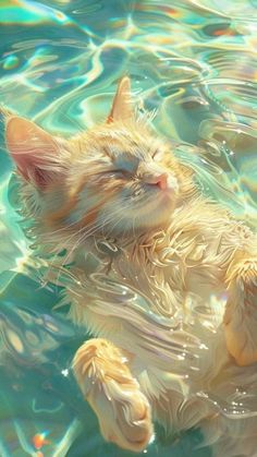 a cat that is laying down in the water