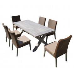 an outdoor dining table and chairs set with white tile top, brown wicker seats