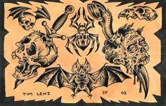 an old school tattoo design with skulls and bats