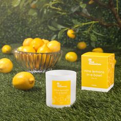 a bowl of lemons sitting next to two candles on the grass near some oranges