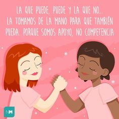 two women are holding hands in front of a pink background with the words,'la que